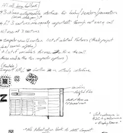 The proposed layout eventually included additional panels to contain variables and relationships between the API call and the Features that invoked it.