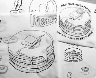 Second and third iterations of my pancake illustration. I spend so much time on the computer that I enjoy drawing by hand whenever possible.