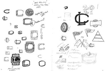 Rough attempts at car badges and corporate elements, like a challenge coin and the testing triangle.